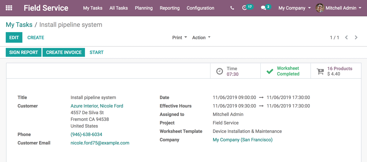 Giao diện Odoo Thực địa - tổng quan một nhiệm vụ trước khi xuất hóa đơn