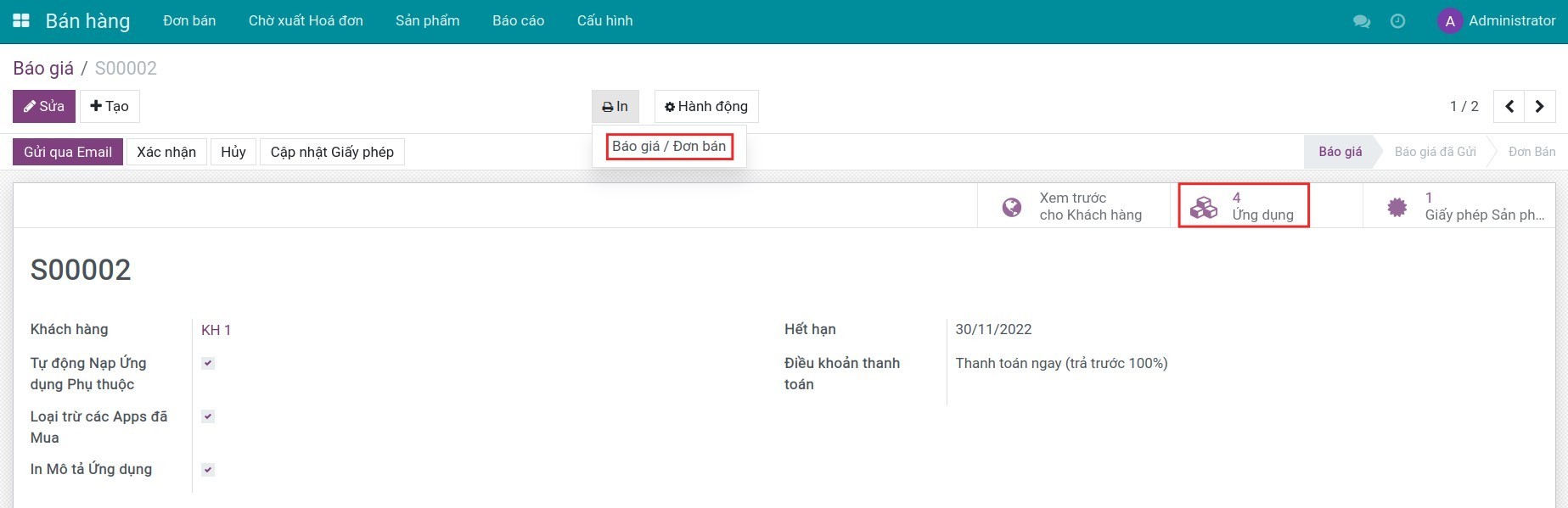 Đơn bán tại ứng dụng quản lý bán hàng Viindoo