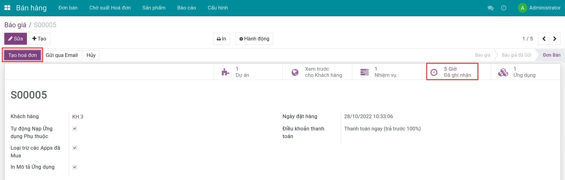 Số giờ ghi nhận trên đơn bán
