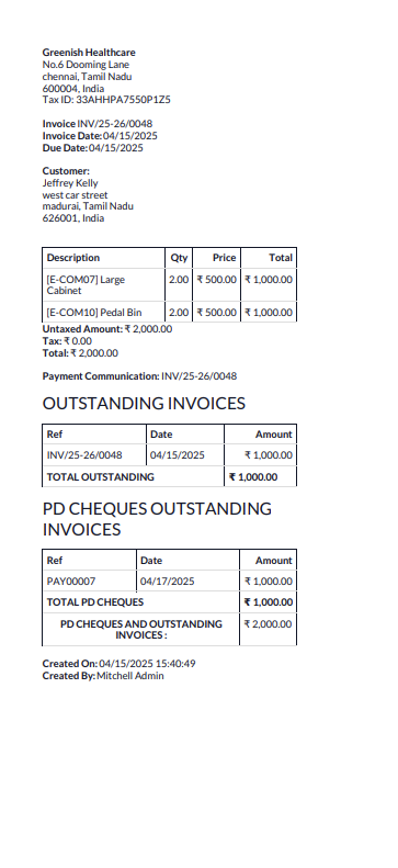 Invoice PDF Report with Outstanding and Post-Dated Cheque Amounts