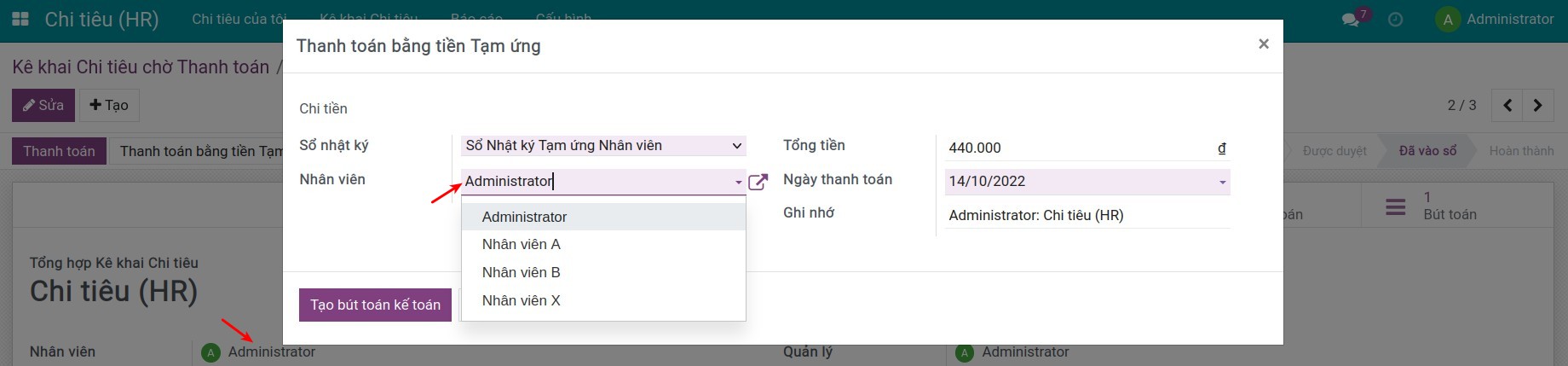 Thanh toán bằng tiền tạm ứng