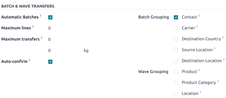 The Batch and Wave Transfers settings page with the Auto batch grouping criteria visible.