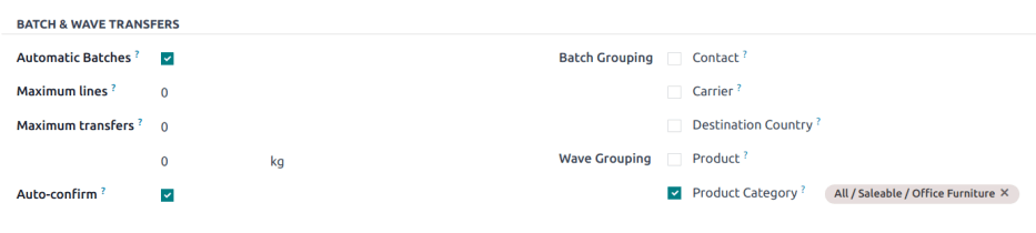 The Automatic batches feature with the wave grouping option for product category selected.