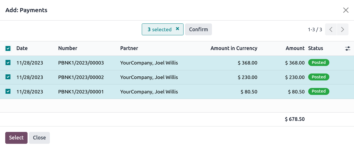 Selecting all payments to include in the batch deposit