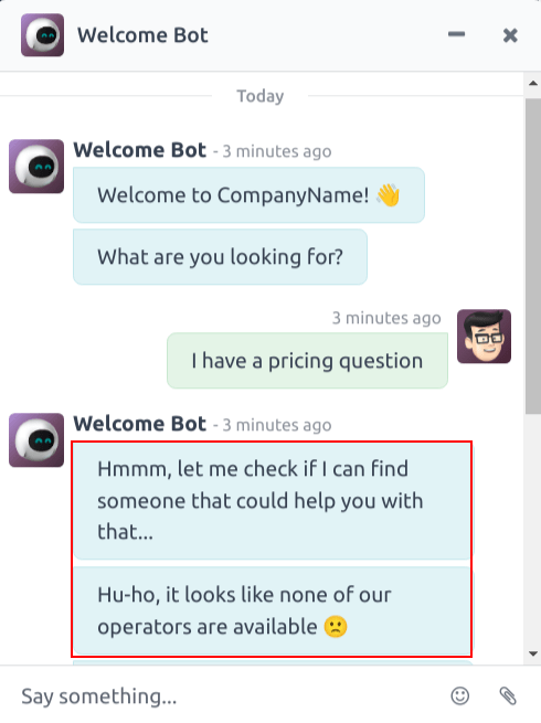 View of a chatbot follow up messages when no live chat operator is available.