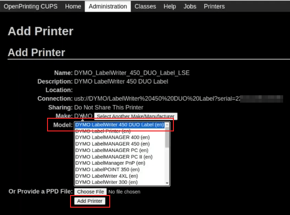 Choose model screen on the OpenPrinting CUPS console with model and add a printer highlighted.