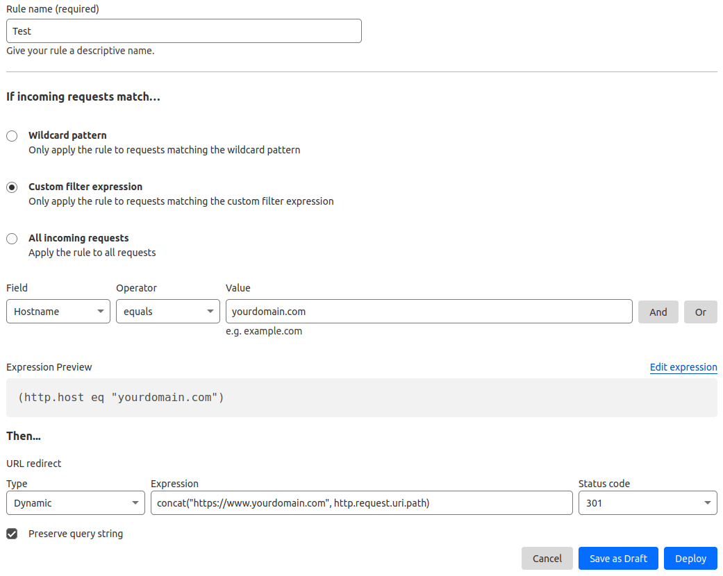 Defining a Cloudflare redirect rule to create a permanent redirect (301)