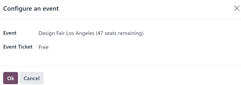 Standard 'Configure an event' pop-up window that appears on an event ticket sales order.