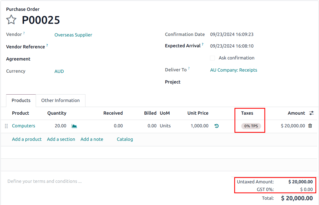 Setting the 0% TPS tax on a purchase order