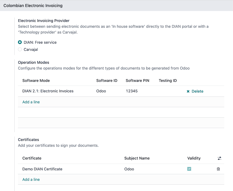 Colombian electronic invoicing credentials configured.