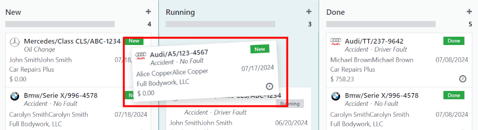 The Kanban view of stages, with a card being dragged and dropped to the Running stage.
