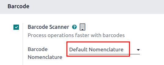 Enabled barcode setting with Default Nomenclature selected.