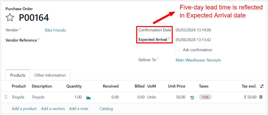 The Expected Arrival date on a PO for a subcontracted product.