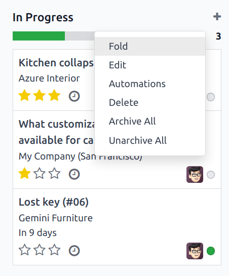 Kanban view of a Helpdesk stage, with the temporary fold option emphasized.