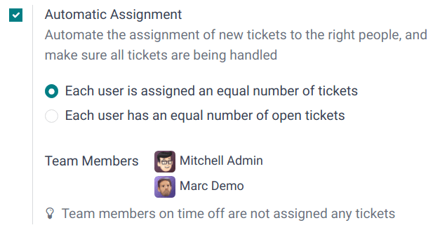 View of a Helpdesk team settings page emphasizing the automatic assignment features in Odoo Helpdesk.