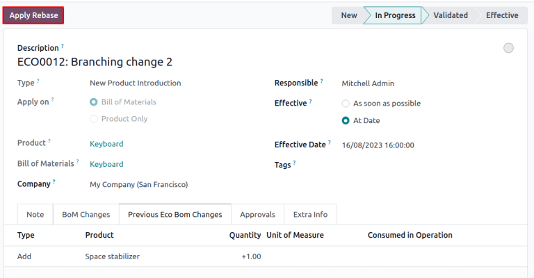 Click the *Apply Rebase* button to update the BOM to match the production BOM.