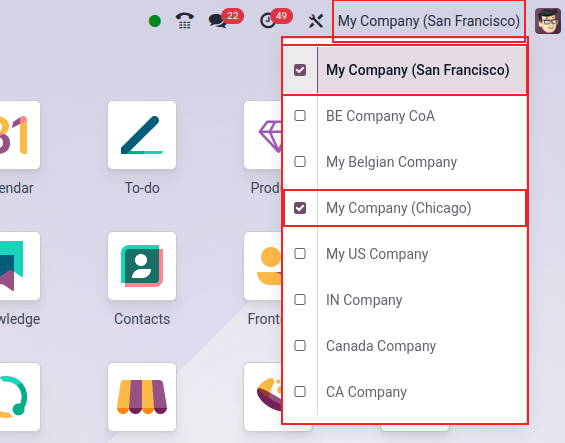 View of the companies menu through the main dashboard in Odoo.