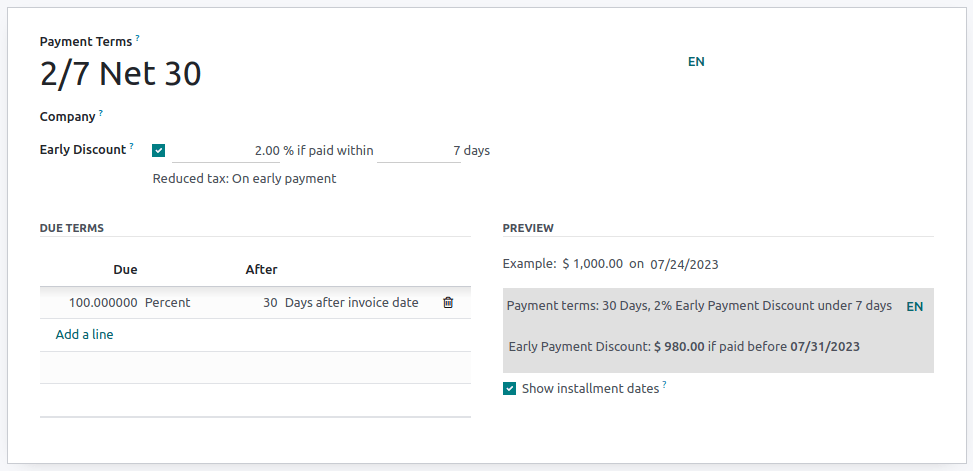 Configuration of payment terms named "2/7 Net 30". The field "Description on Invoices" reads: "Payment terms: 30 Days, 2% Early Payment Discount under 7 days".