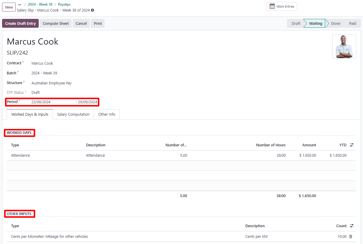 Worked days and other inputs of a payslip