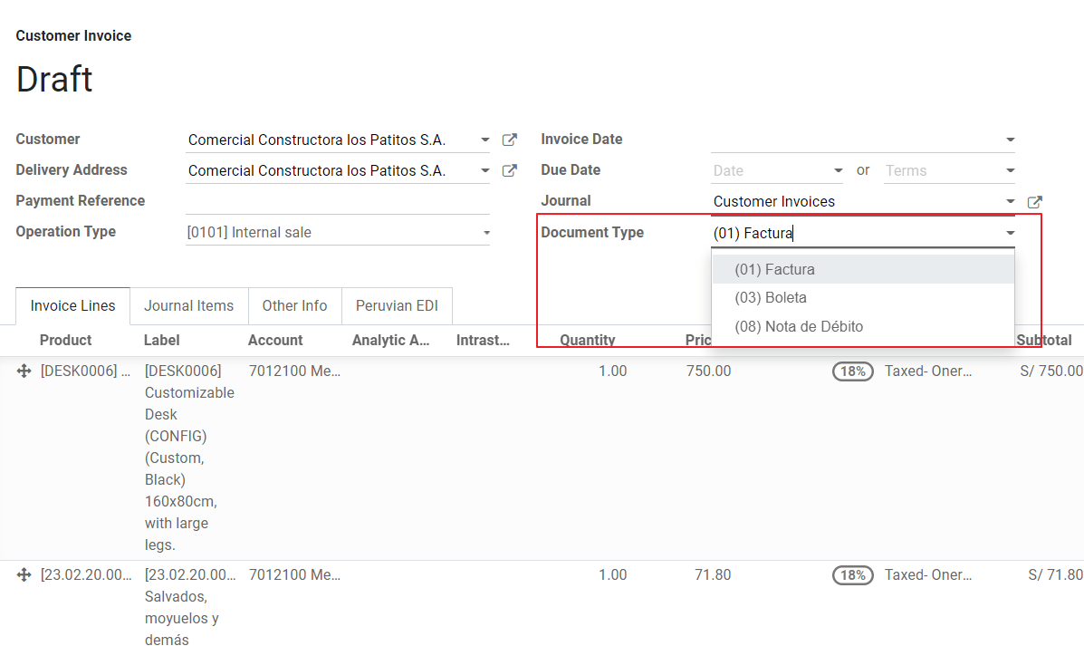 Invoice document type field on invoices.