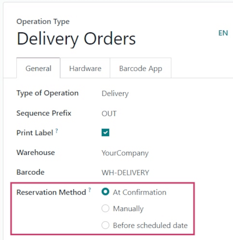 Reservation method field on delivery order operation type form.