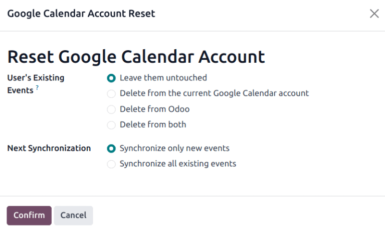 Google calendar reset options in Odoo.