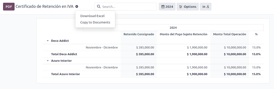 Certificado de Retención en IVA report in Odoo Accounting.