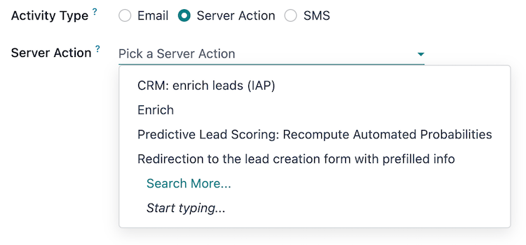 The Server Action drop-down menu on create activities pop-up window.