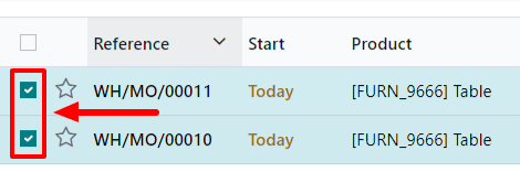 Select manufacturing orders that will be merged by clicking the checkbox for each.