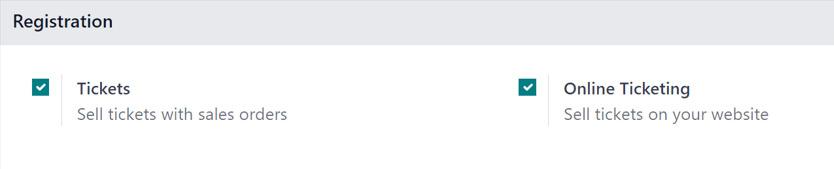 The Registration section in the Odoo Events settings page in the Odoo Events application.