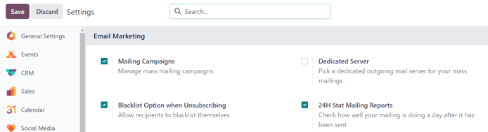 View of the Settings page in the Odoo Email Marketing application.