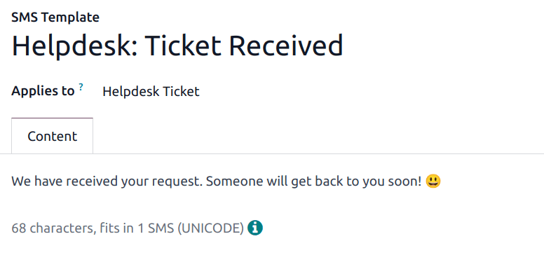 View of an SMS template setup page in Odoo Helpdesk.