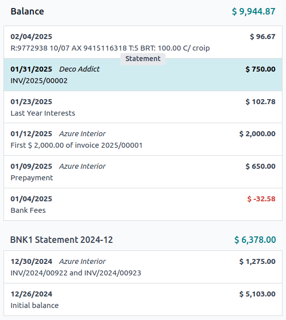 A "Statement" button is visible when hovering on the line separating two transactions.