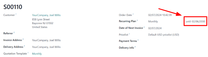 The expiration date on a subscription sales order in Odoo Subscriptions.