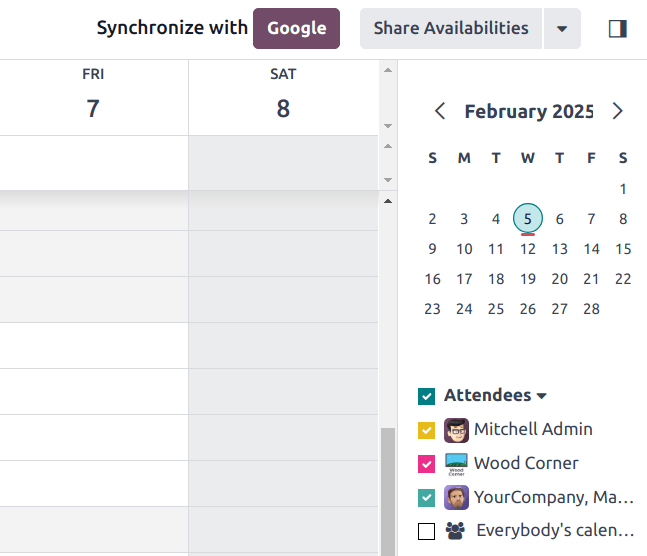 Click the Google sync button in Odoo Calendar to sync Google Calendar with Odoo.