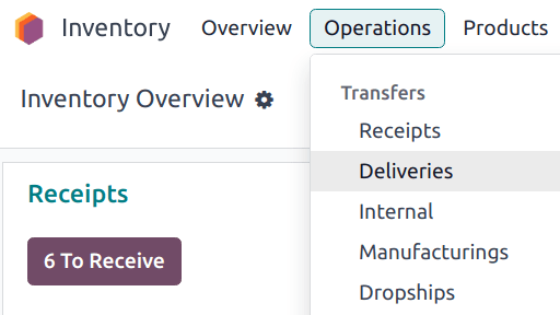 Show all transfer types in a drop-down menu: Receipts, Deliveries, Internal Transfers, Manufacturings, Batch Transfers, Dropships.