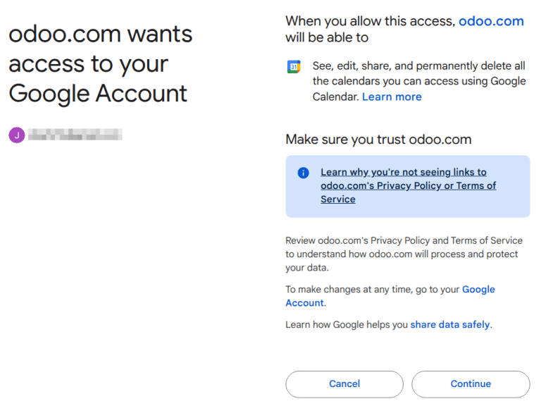 Give Odoo permission to access Google Calendar.