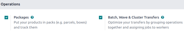 View of Odoo Inventory app settings to enable the wave transfers option.