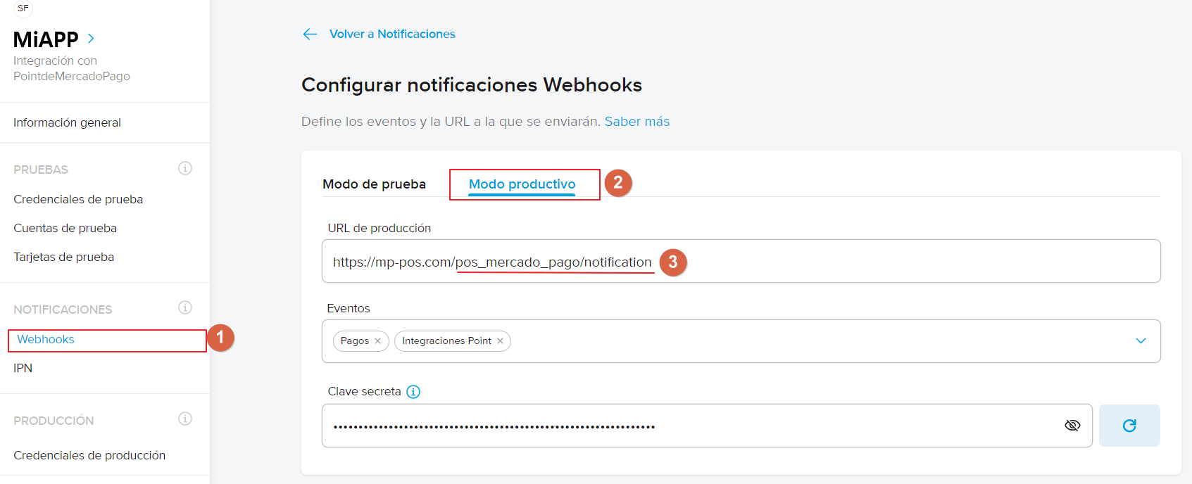 Webhooks configuration on Mercado Pago.