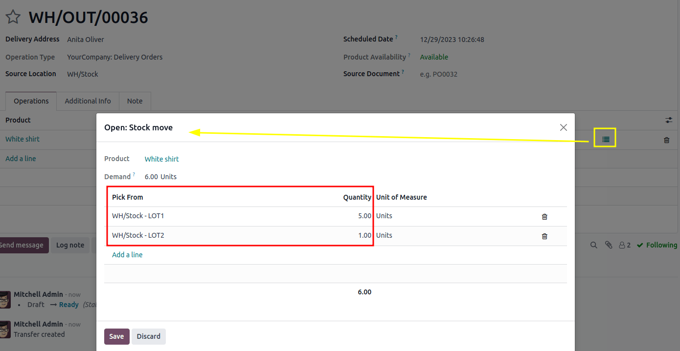 Two lots being reserved for a sales order with the FIFO strategy.