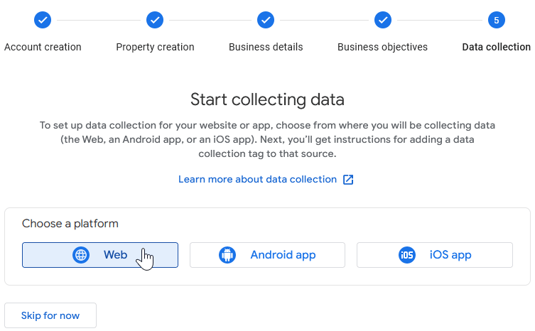 Choose a platform for your Google Analytics property.