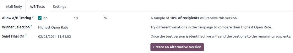 The A/B Tests tab with the Allow A/B Testing box checked to create an alternate version.