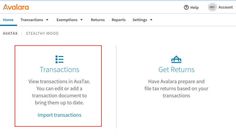 Avalara portal with the transactions shortcut highlighted.