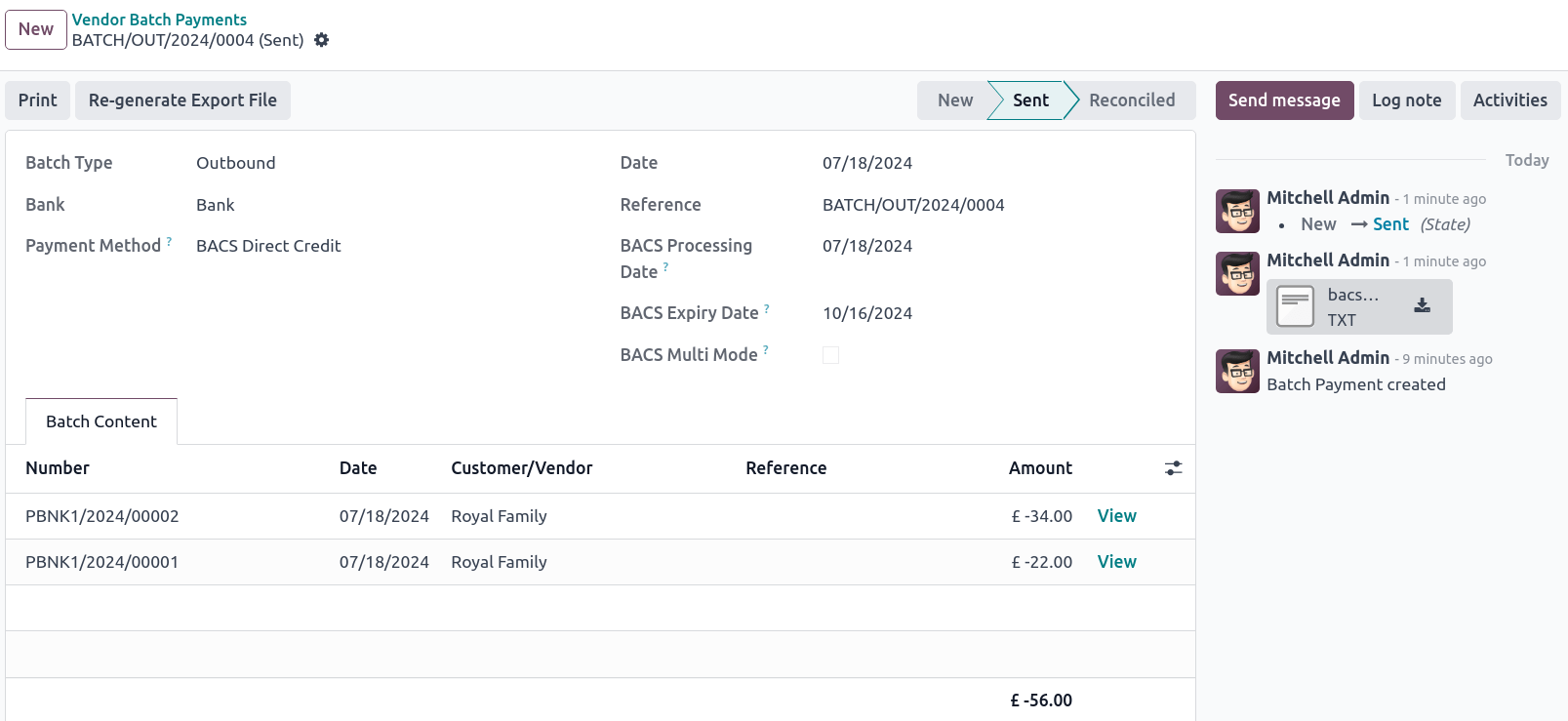 Vendor Batch Payment view with generated BACS file.