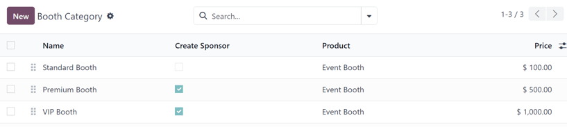 The Booth Category page in the Odoo Events application.