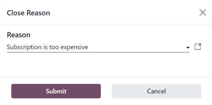 The Close Reason pop-up when the Close button is clicked in Odoo Subscriptions.