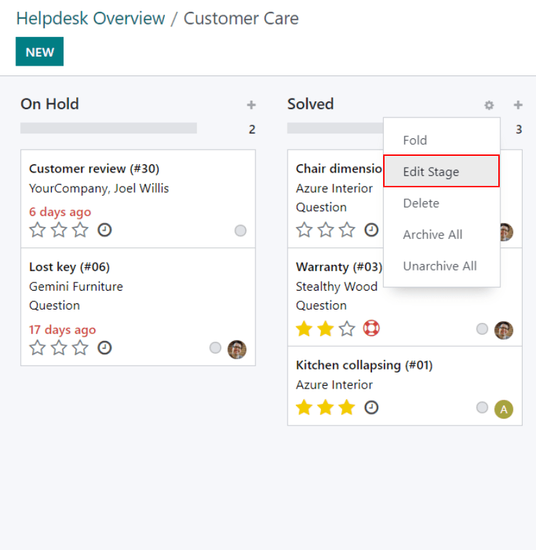 View of stage on Helpdesk pipeline with emphasis on gear icon and edit stage option.