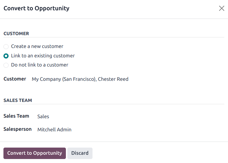 The convert to opportunity pop-up window.