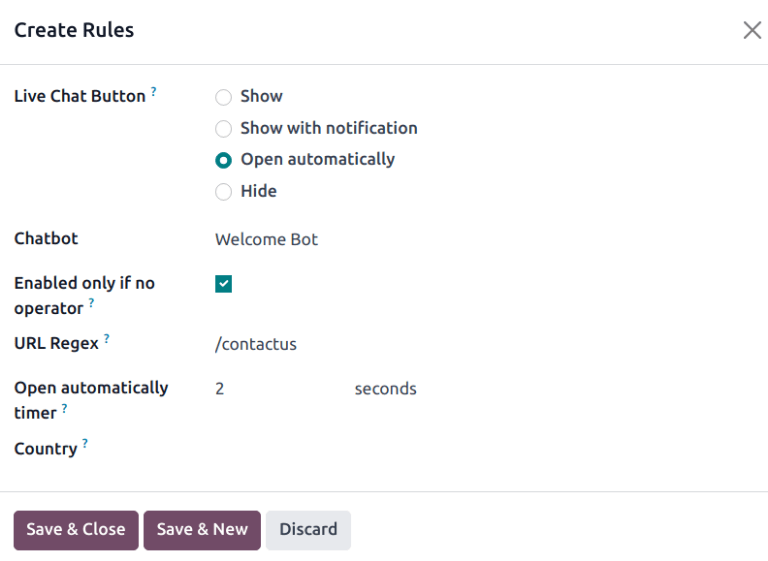 View of a channel's rules form for Odoo Live Chat.