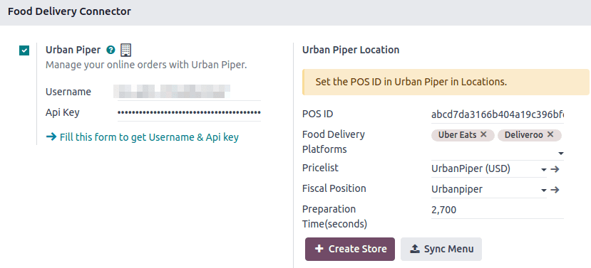 Food delivery connector settings